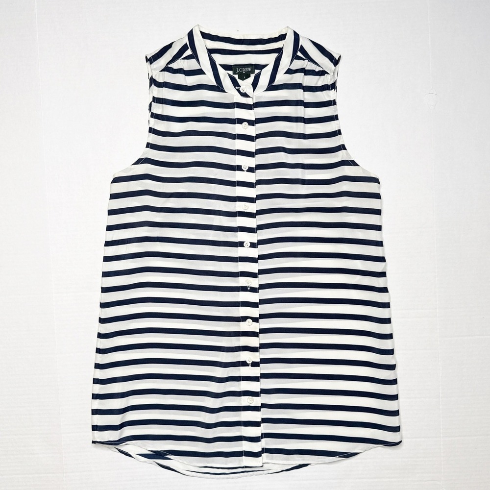 J Crew Sleeveless Button Front Blouse Womens Size 2 Navy White Stripe
